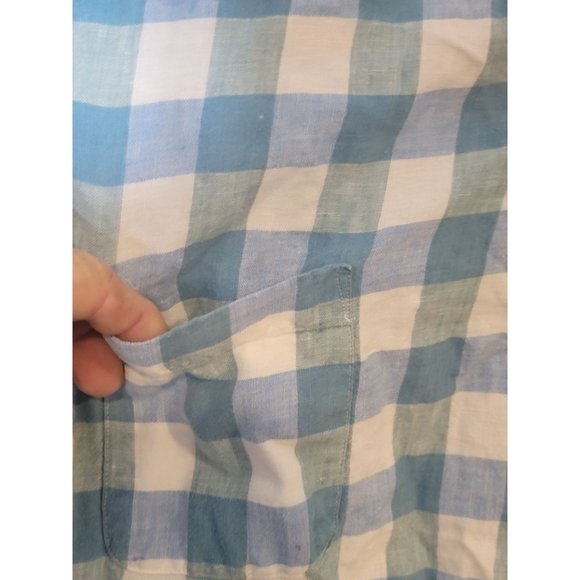 L.L. Bean Linen Button Up Shirt Long Sleeve Blue Green White Plaid Size Large - Picture 5 of 5